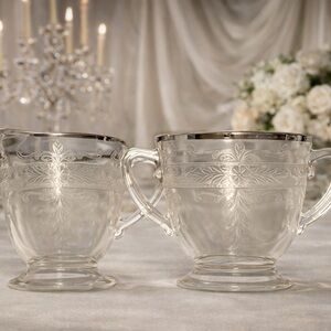 Macbeth-Evans Etched Glass Sugar & Creamer w/ Sterling Silver Rim Elegant